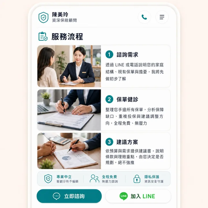 保險業務一頁個人品牌頁預約諮詢入口範例