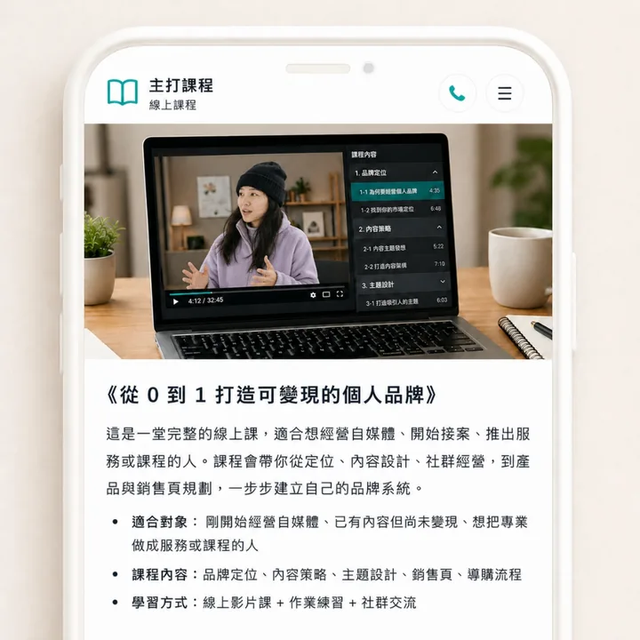 顧問或網紅一頁個人品牌頁合作與諮詢入口範例
